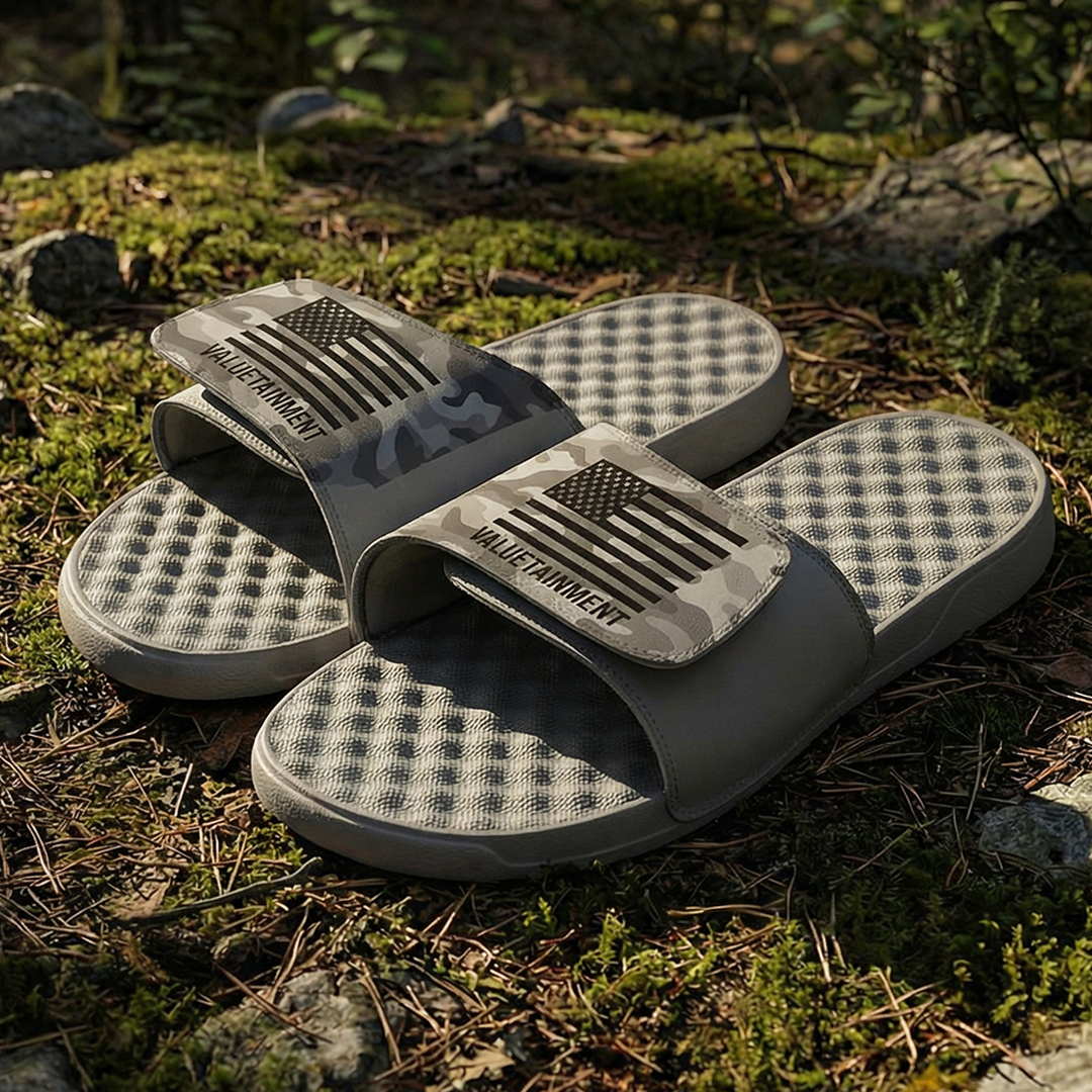 Valuetainment Patriotic USA Flag Gray Camo Comfort Slides