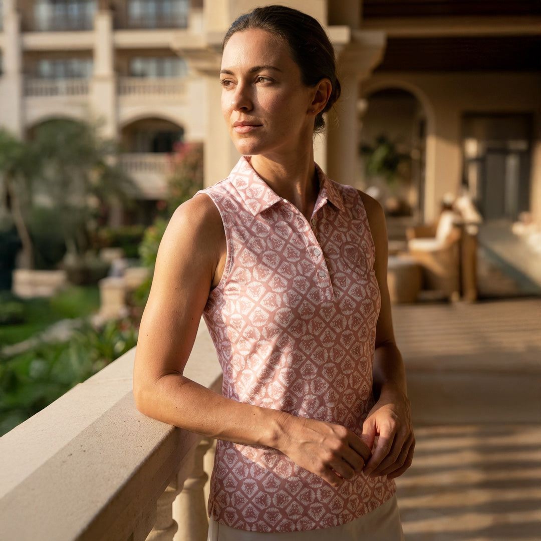 Women's Future Looks Bright Blush Lion Pattern Print Performance Sleeveless Polo