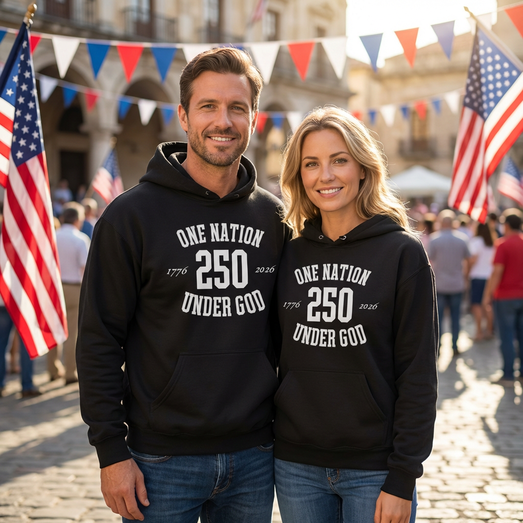 One Nation Under God 250 Black and White Hoodie