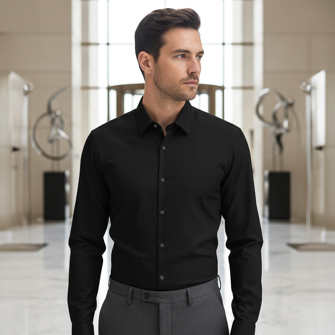 Valuetainment Men's Black Tencel Long Sleeve Button Down Shirt (Classic Fit)