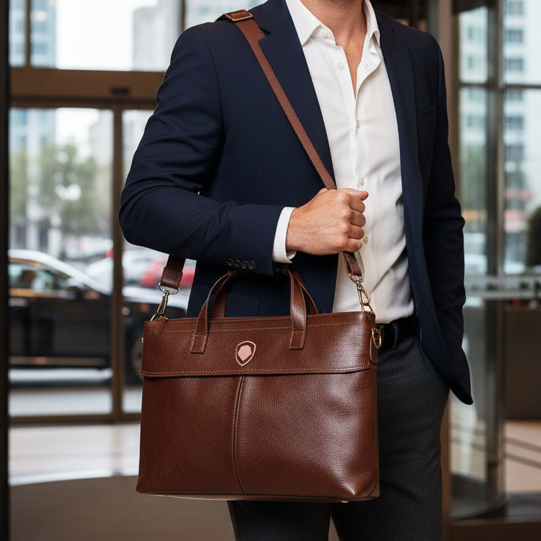 Future Looks Bright Lion Shield Brown Leather Shoulder Tote Bag