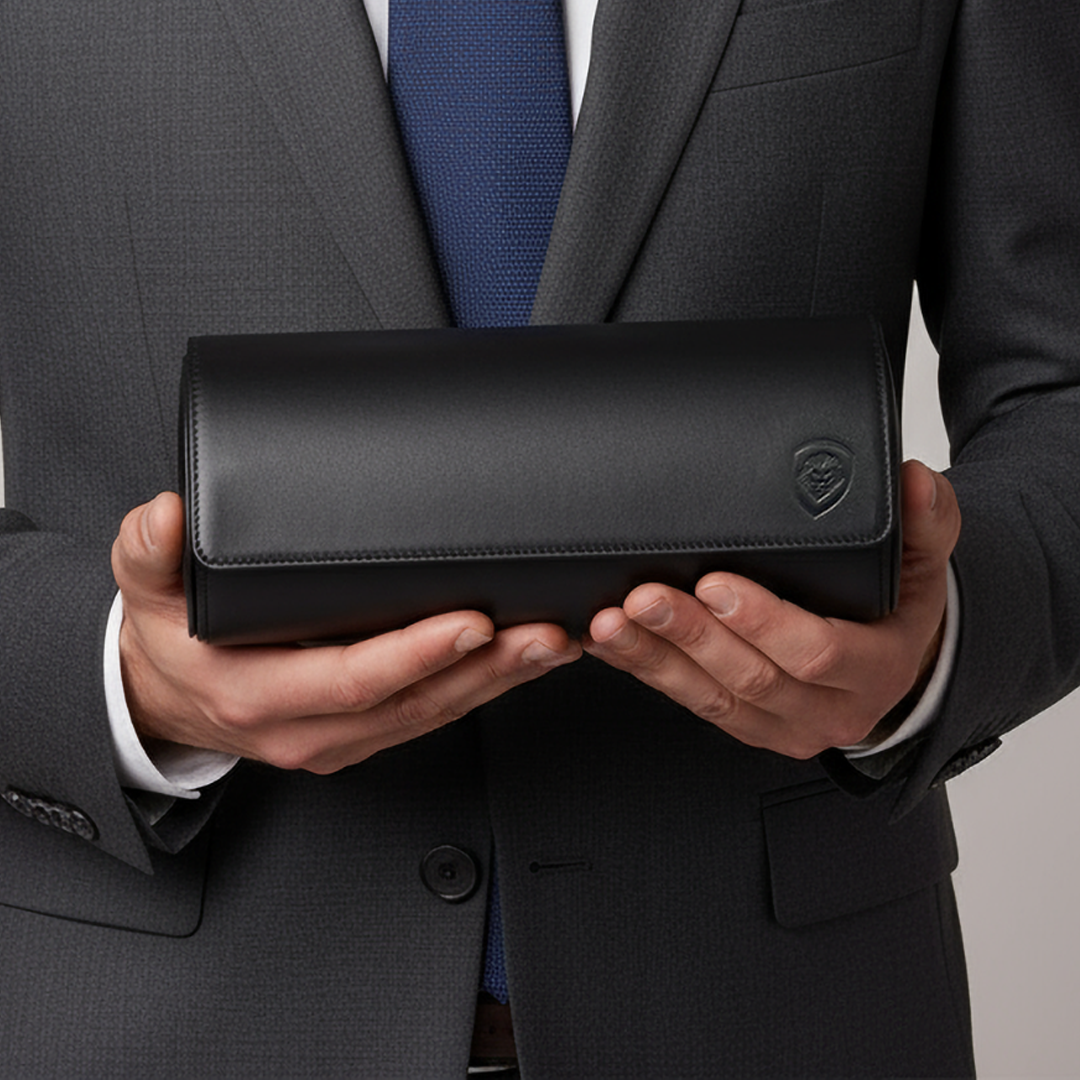 Future Looks Bright Black Embossed Leather Triple Watch Carrier