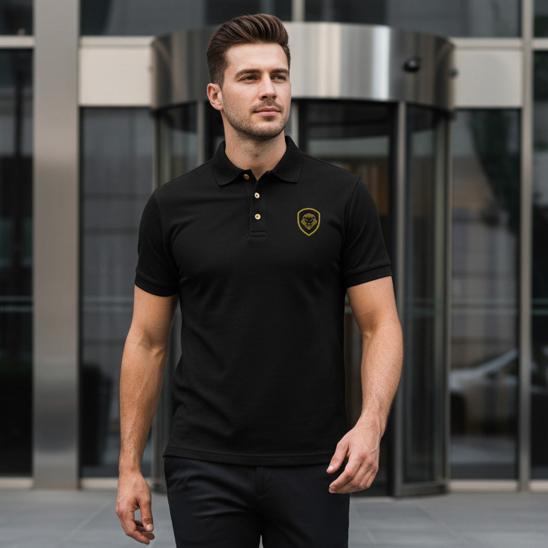 Future Looks Bright Lion Shield Logo Premium Black and Gold Polo Shirt (Classic Fit)