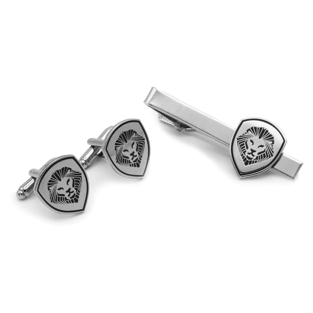 Lion Shield Valuetainment Black & Silver Cufflink & Tie Bar Set