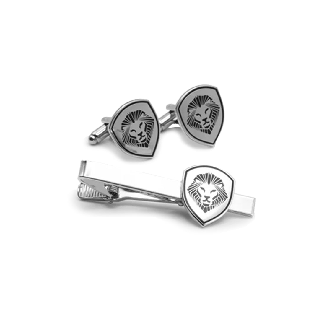 Lion Shield Valuetainment Black & Silver Cufflink & Tie Bar Set