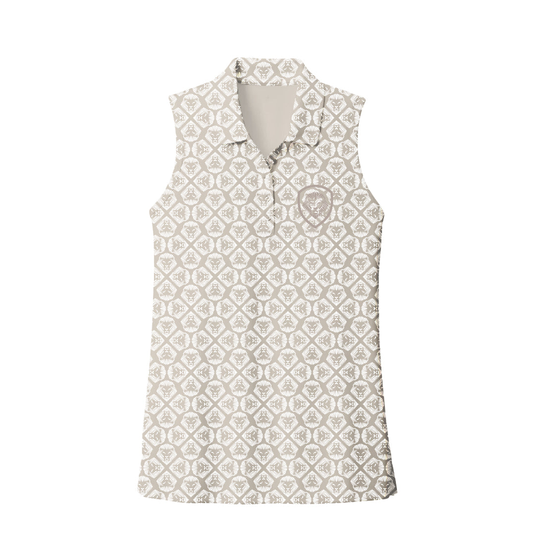 Women's Future Looks Bright Coconut Cream Lion Pattern Print Performance Sleeveless Polo