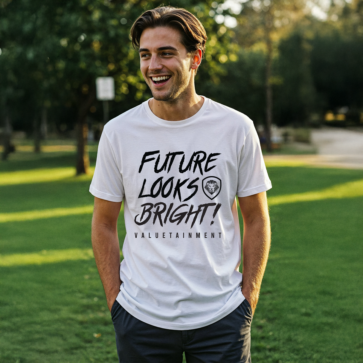 Future Looks Bright Premium Curved Hem White and Black Short Sleeve T-Shirt