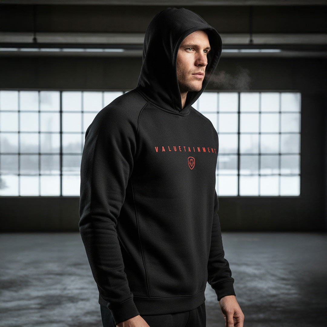Valuetainment Black and Red Lion Shield Pullover Performance Hoodie