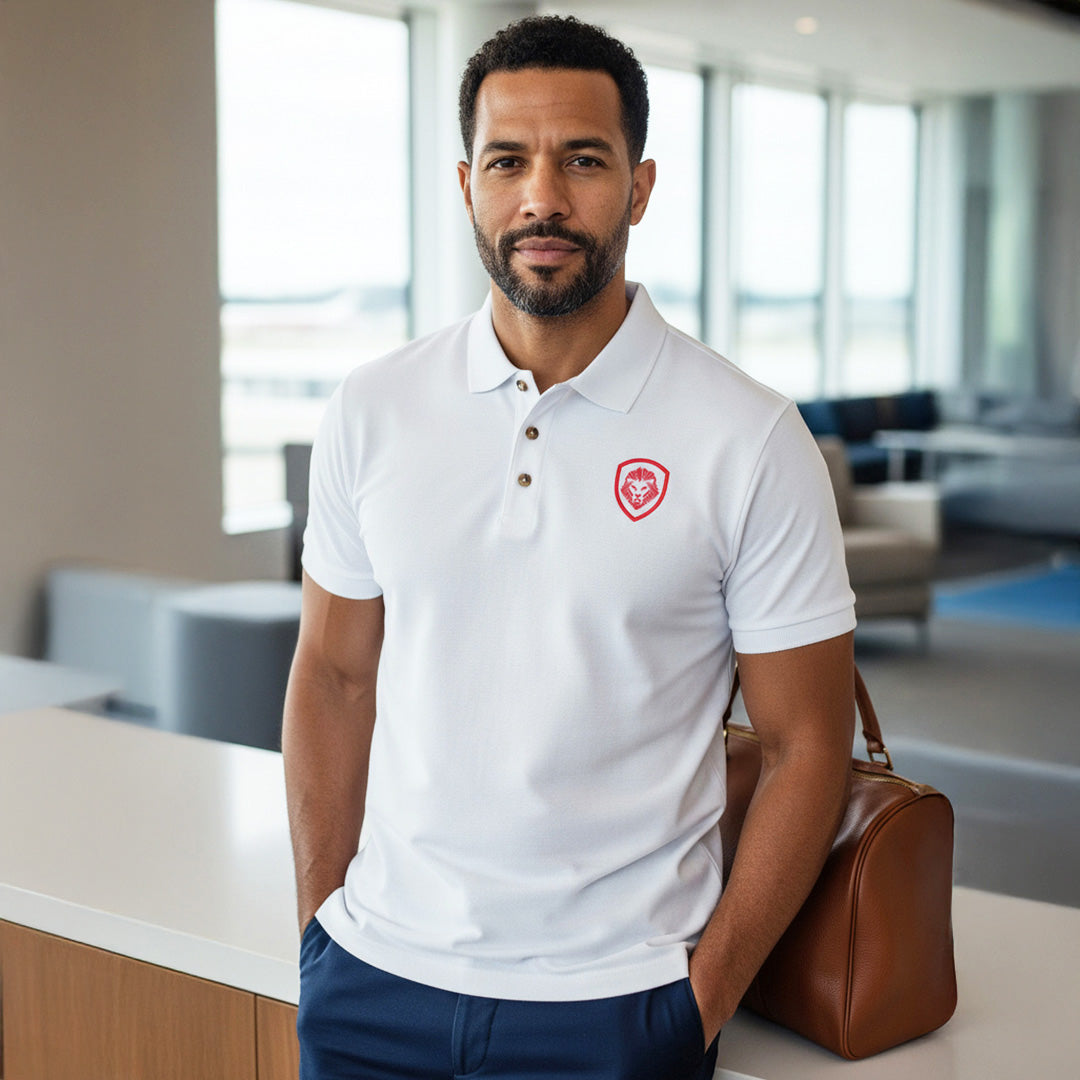 Future Looks Bright Lion Shield Premium White and Gold Polo Shirt (Classic Fit)