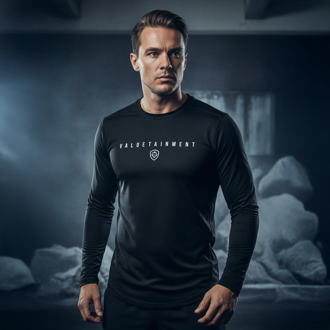 Valuetainment Premium Black Curved Hem Long Sleeve T-Shirt