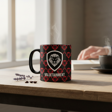 Future Looks Bright Black and Red Allover Print Lion Shield Mug