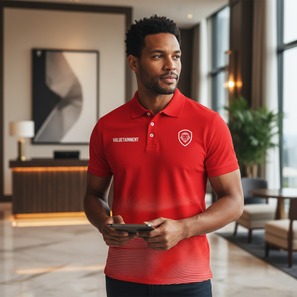 Lion Shield Red & White Gradient Pattern Short Solid Sleeve Polo (Classic Fit)