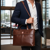 Future Looks Bright Lion Shield Brown Leather Shoulder Tote Bag