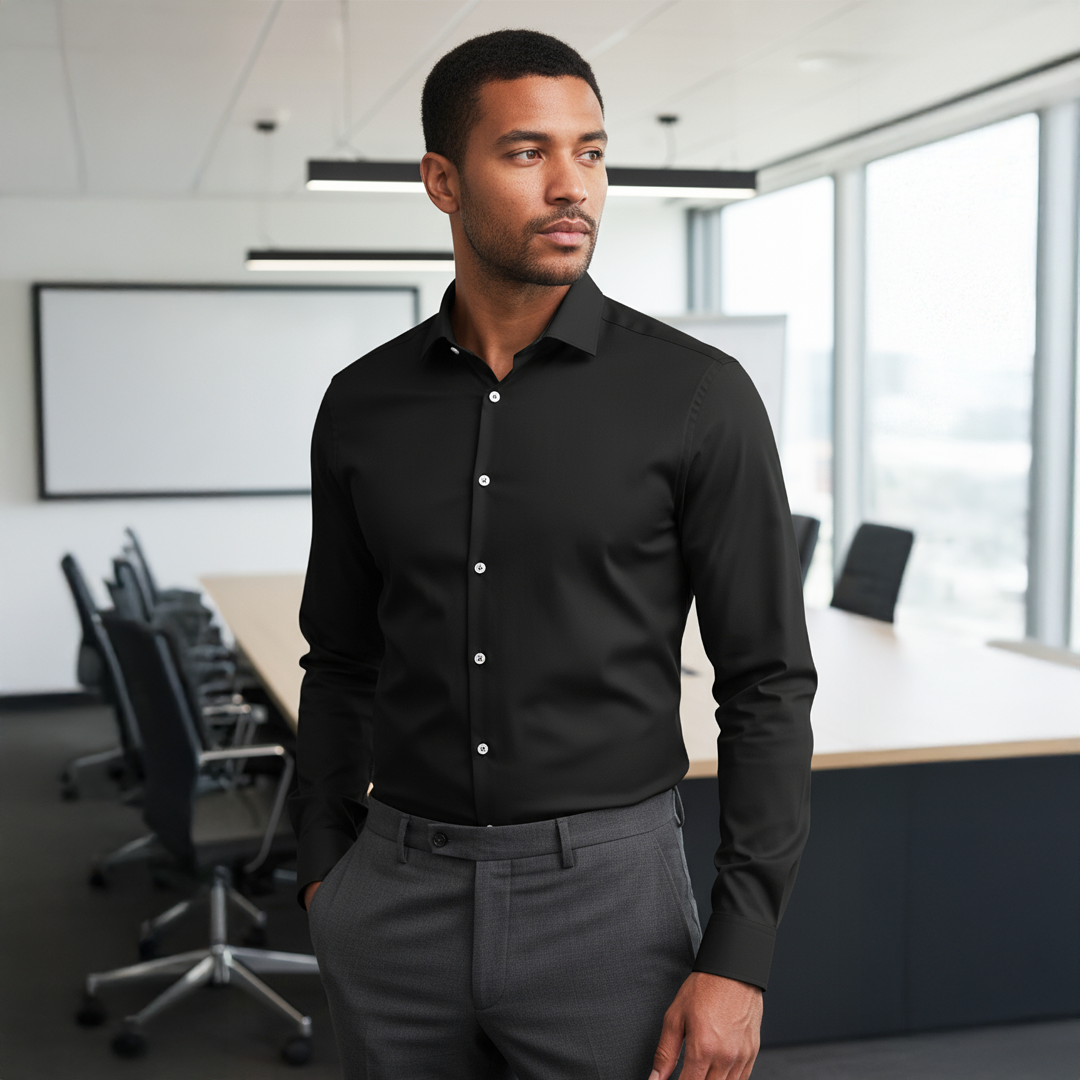 Valuetainment Men's Black Tencel Long Sleeve Button Down Shirt (Classic Fit)