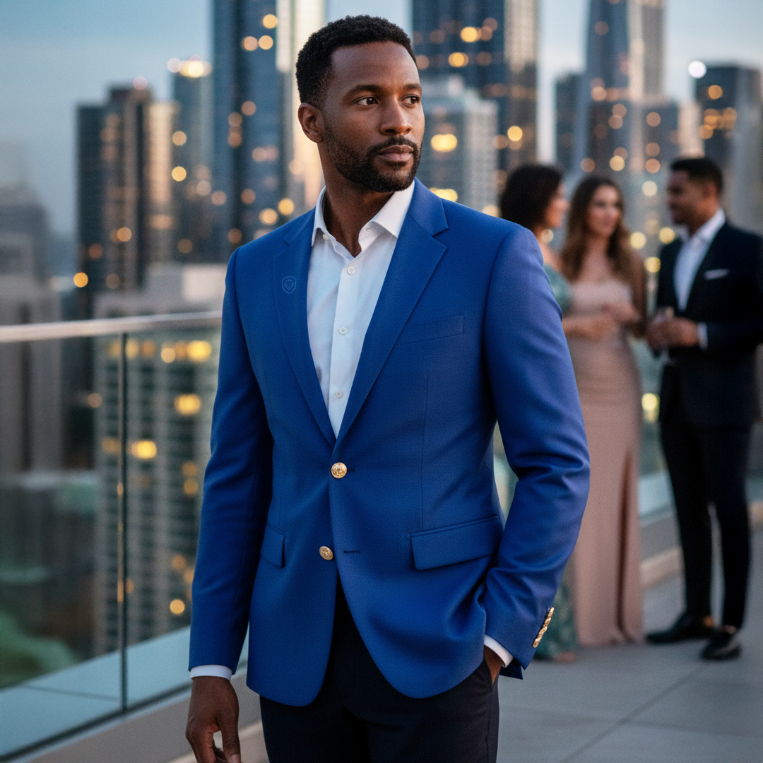 Valuetainment Lion Shield Embroidered Royal Blue Lightweight Wool Blazer