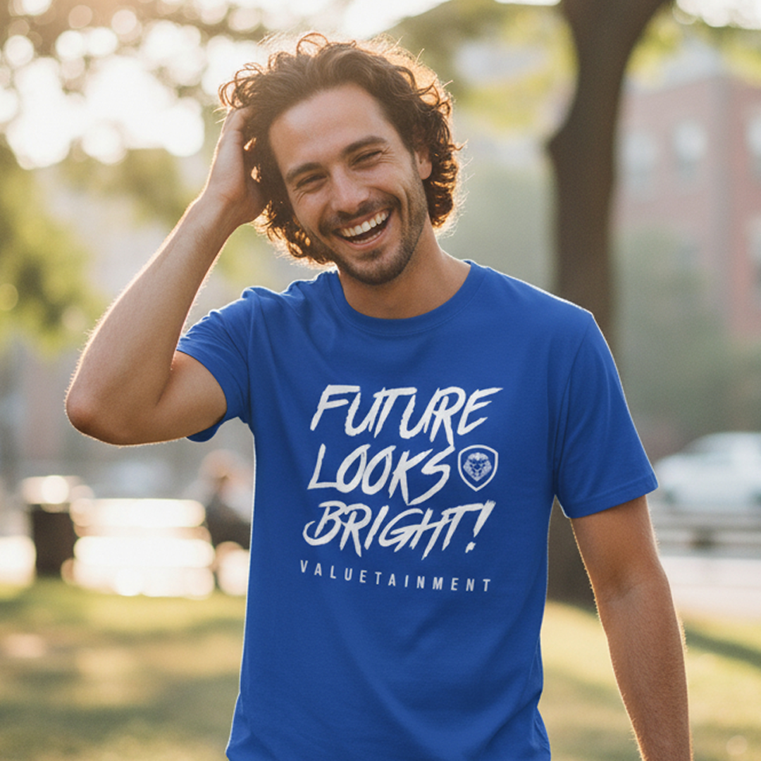 Future Looks Bright Premium Curved Hem Royal Blue and White Short Sleeve T-Shirt