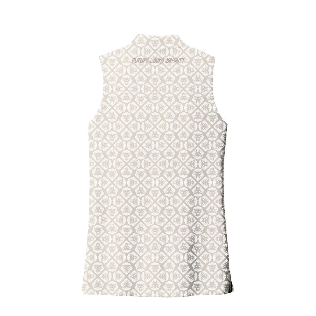 Women's Future Looks Bright Coconut Cream Lion Pattern Print Performance Sleeveless Polo