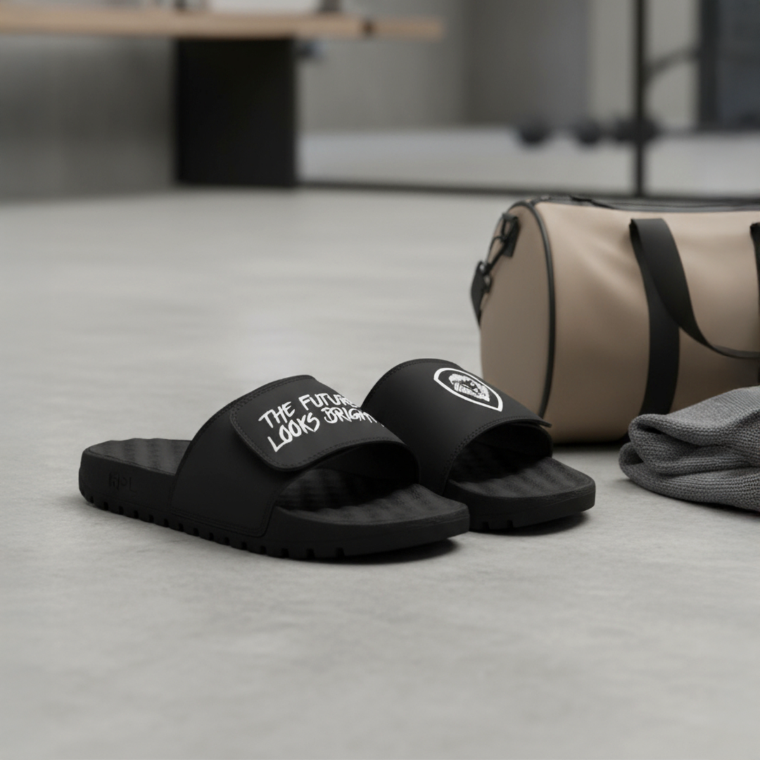 Future Looks Bright Lion Shield Black and White Comfort Slides