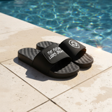 Future Looks Bright Lion Shield Black and White Comfort Slides