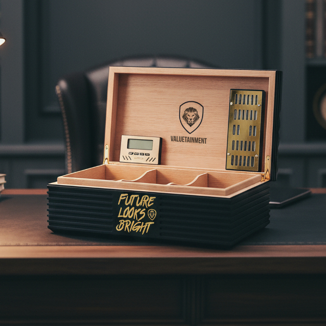 Future Looks Bright Black and Gold Premium Cigar Humidor