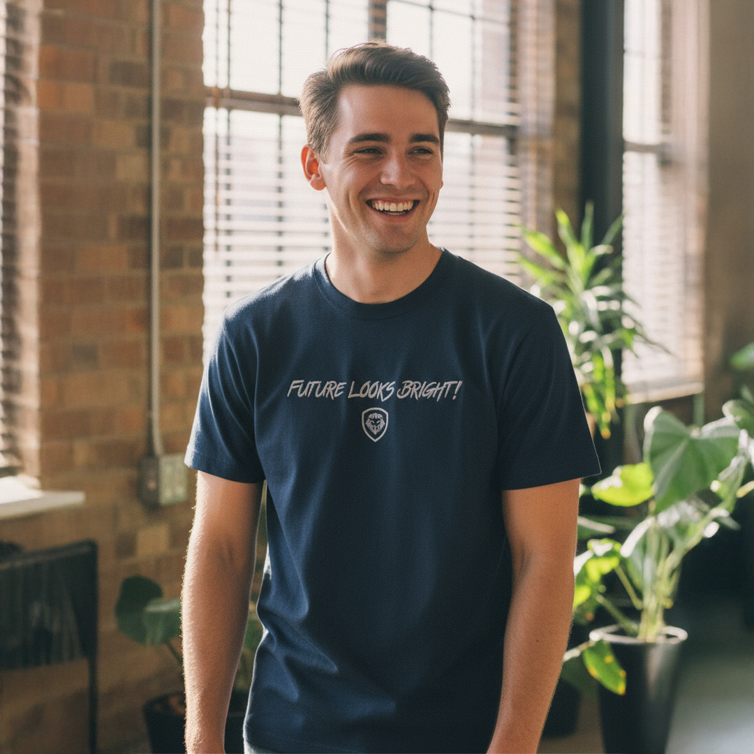 Future Looks Bright fully embroidered Navy & Silver Print Performance Short Sleeve T-Shirt