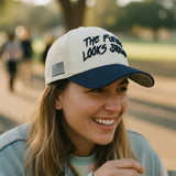 Future Looks Bright Dual Tone Beige and Navy Topo Print Snapback Hat