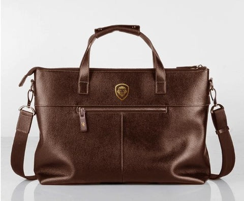 Future Looks Bright Lion Shield Brown Leather Shoulder Tote Bag