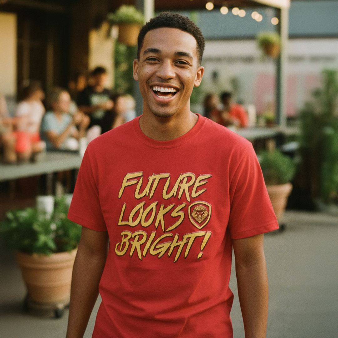 Future Looks Bright  Red & Gold Raised Embossed Print Performance Short Sleeve T-Shirt