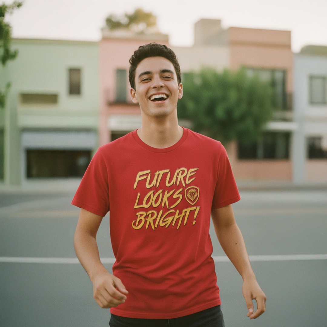 Future Looks Bright  Red & Gold Raised Embossed Print Performance Short Sleeve T-Shirt