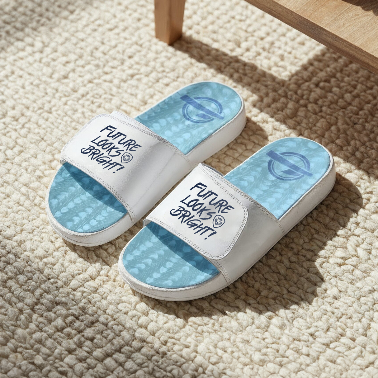 Future Looks Bright White and Blue Gel Comfort Slides